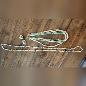 Freshwater Pearl and Aqua Bead Multi-Strand Necklace Set with Matching Earrings